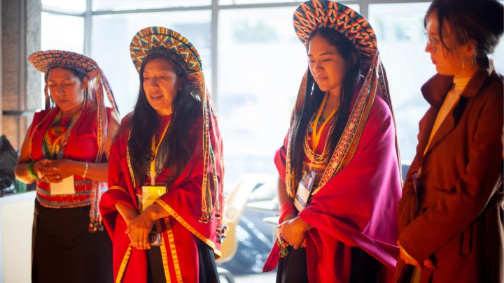 Women of the Kamëntsá Biya community in Colombia wear traditional clothes during the workshop.