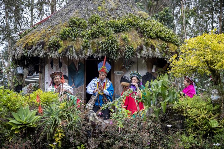 A group of people from the Kämentsá Biyá community in Colombia perform their traditional music.