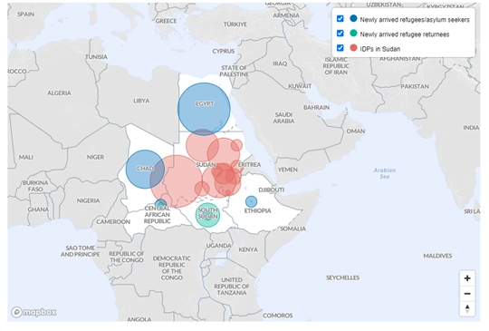 Map showing the number of displaced persons within Sudan and to neighbouring countries. More than 110,000 people have fled into neighbouring South Sudan, many returnees. Source: UNHCR.