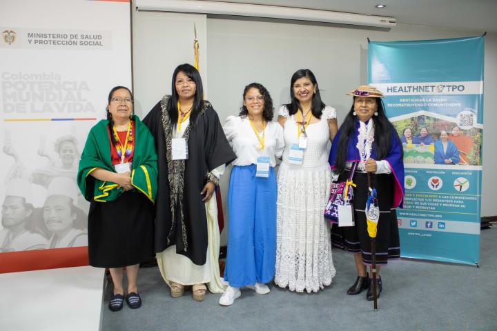 Speakers included representatives of indigenous and afro communities from across the country. From left: María Clara Juajiboy, Yasmilly Sarahin Palmar, Yulienis Yajaira López, Elisa Jojoa Tobar, María Yalanda Campo. Speakers included representatives of indigenous and afro communities from across the country. From left: María Clara Juajiboy, Yasmilly Sarahin Palmar, Yulienis Yajaira López, Elisa Jojoa Tobar, María Yalanda Campo.